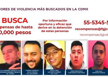 De acuerdo con las fichas de búsqueda dadas a conocer por la FGJCDMX ellos son Eduardo Ramírez Tiburcio, “El Chori”, por quien se ofrecen 5 mdp; Fabián Osvaldo Solís Vieyra, “El Cachorro”, 3 mdp; Jesús Uriel Salgado Suárez, “El Tuto”, 750 mil pesos; José Francisco Contreras Martínez, 500 mil pesos; y Axel Esli Espinoza García, un millón de pesos. FOTO: FGJCDMX
