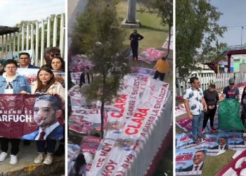En la esquina de Insurgentes y Puente de Alvarado se dan cita brigadas de promotores de Omar García Harfuch, aspirante de Morena a la Jefatura de Gobierno de la Ciudad de México. Cargan cientos de bolsitas con playeras y gorras que habrán de repartir por las calles de la Alcaldía Cuauhtémoc. FOTOS: X / AlvarezMaynez / Laura Ballesteros