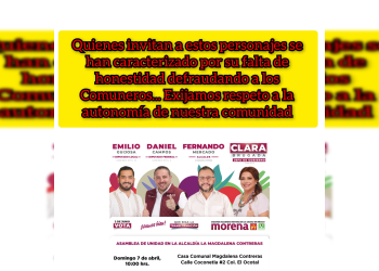 Sin embargo varios comuneros denunciaron que la realidad es para que asistan a un encuentro con la candidata Clara Brugada al gobierno capitalino y los candidatos a la alcaldía y diputacion, Fernando Mercado, Daniel Campos e Emilio Guijosa.