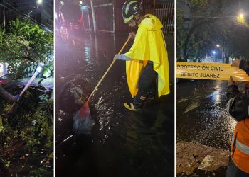 Personal de la alcaldía Benito Juárez de la estrategia Blindar BJ360°, Protección Civil y Servicios Urbanos trabajan ininterrumpidamente desde tarde de ayer para atender los 28 puntos con afectaciones derivadas de las intensas lluvias en la Ciudad.