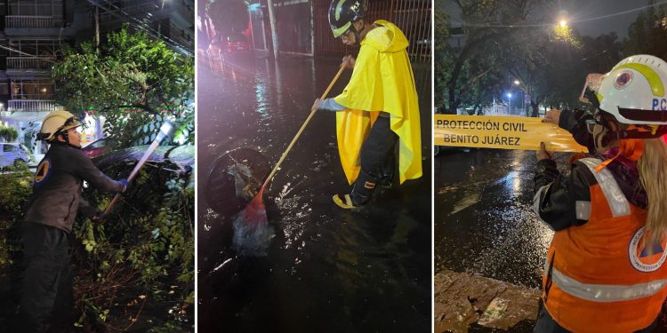 Personal de la alcaldía Benito Juárez de la estrategia Blindar BJ360°, Protección Civil y Servicios Urbanos trabajan ininterrumpidamente desde tarde de ayer para atender los 28 puntos con afectaciones derivadas de las intensas lluvias en la Ciudad.