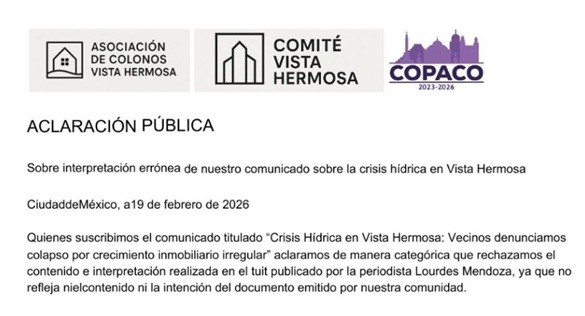En una aclaración pública, los vecinos, junto con el Copaco de la colonia, “rechazamos de manera categórica el contenido e interpretación realizado en el tuit publicado por la periodista Lourdes Mendoza ya que no refleja ni el contenido, ni la intención del documento emitido por nuestra comunidad”. FOTO: Especial